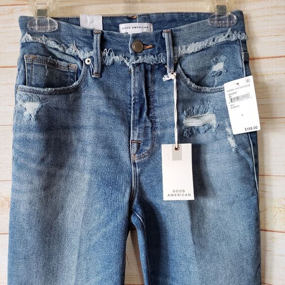 Good American Good Legs Straight Stretchy Distressed Denim Jeans Cotton/Elastane - Picture 3 of 7